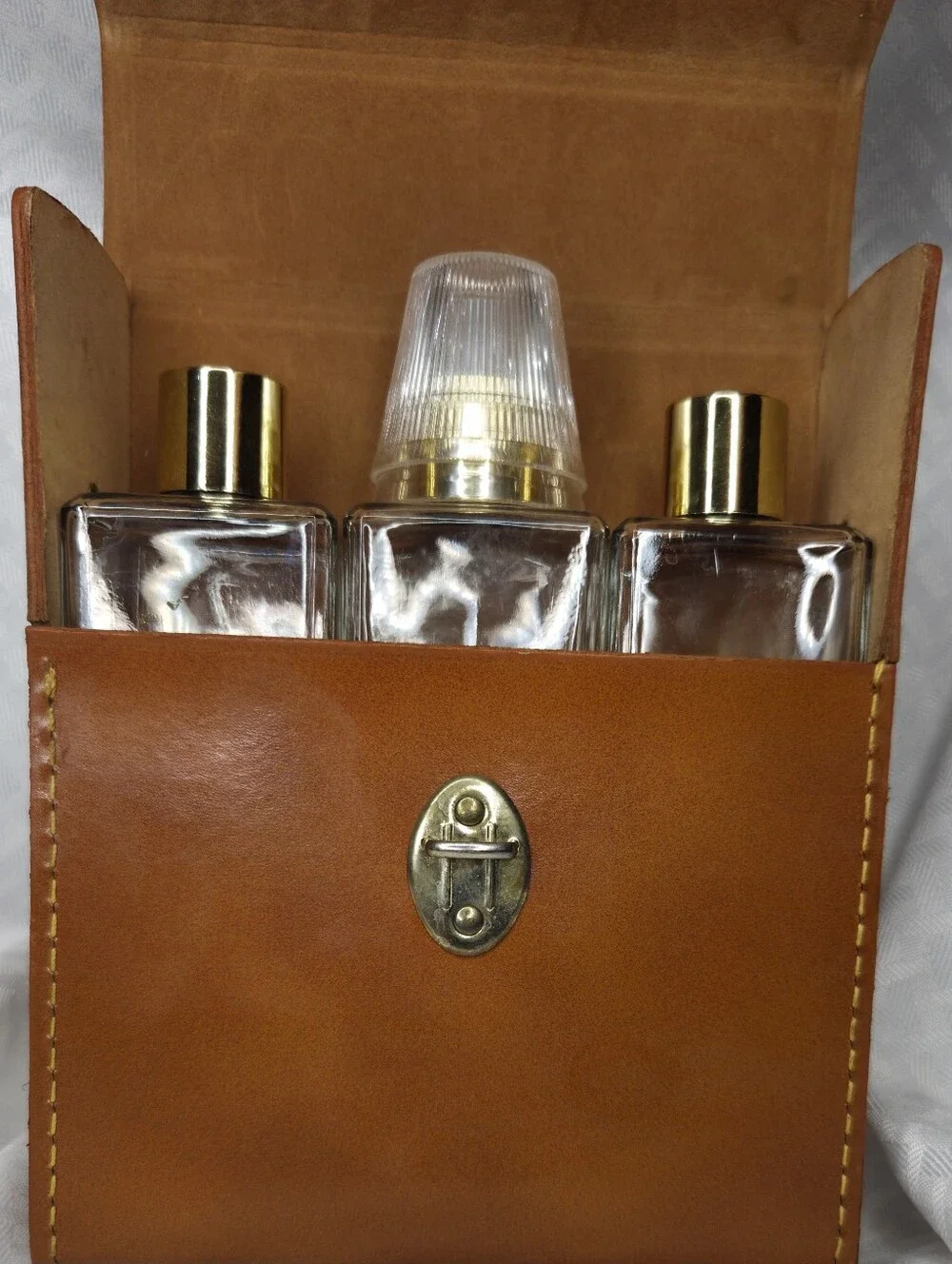 Vintage MCM Portable Bartender Leather Set 3 Glass Bottles 2 Plastic Shots